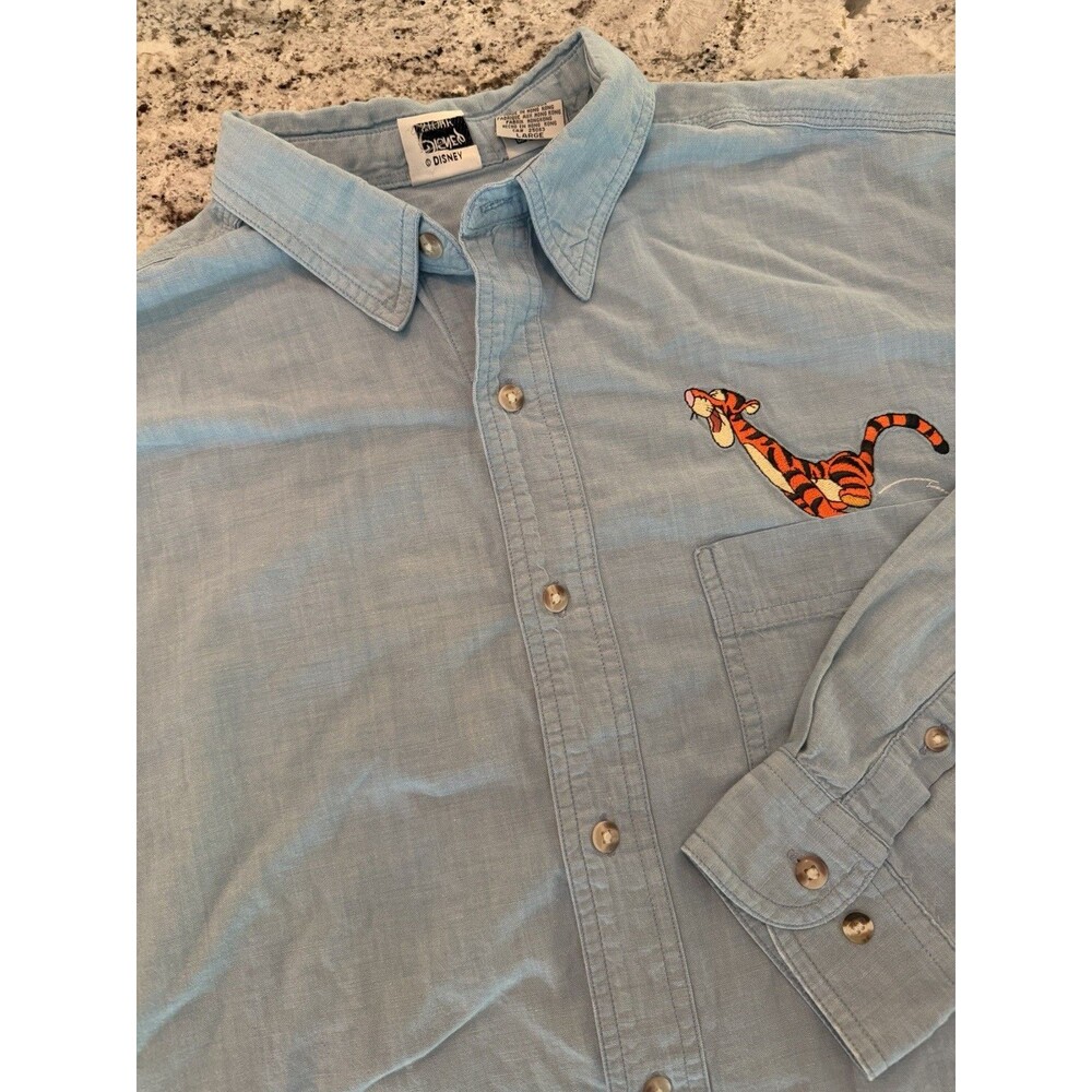 Vintage Disney Store Shirt Mens Large Blue Tigger Long Sleeve Button Up Cotton *